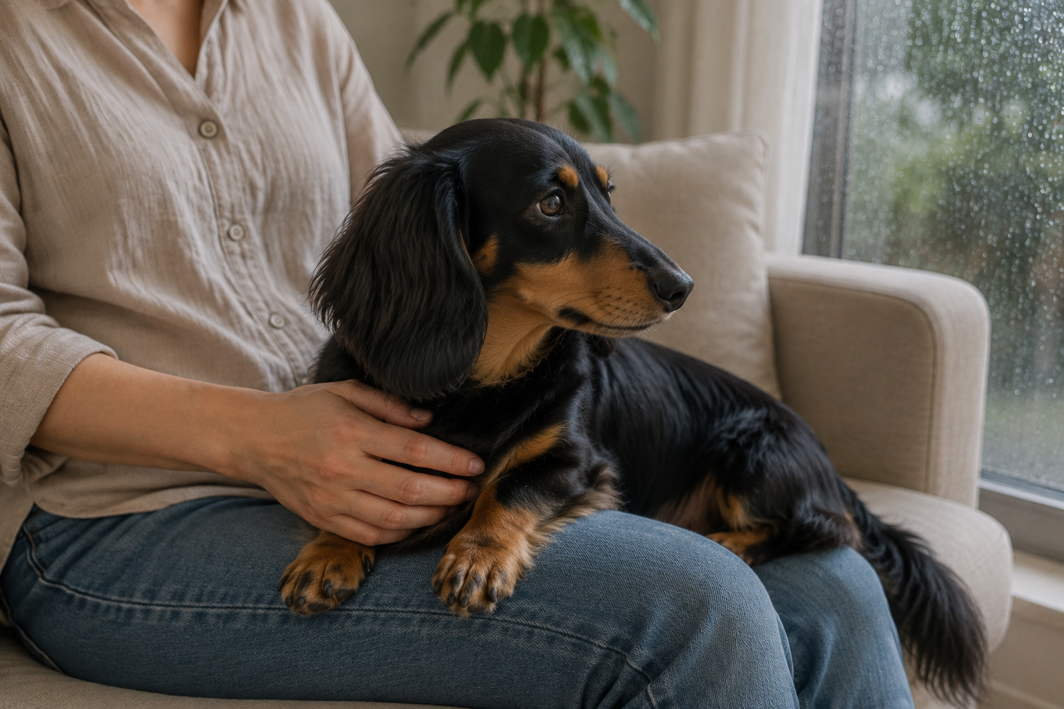 物音に耳を向けながら飼い主のそばで様子を見るミニチュアダックスフンド