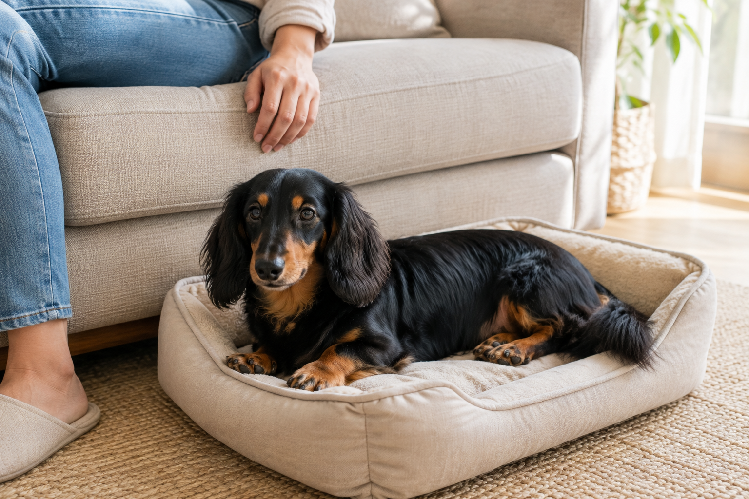 ソファの隣の犬用ベッドで落ち着いて休むミニチュアダックスフンド