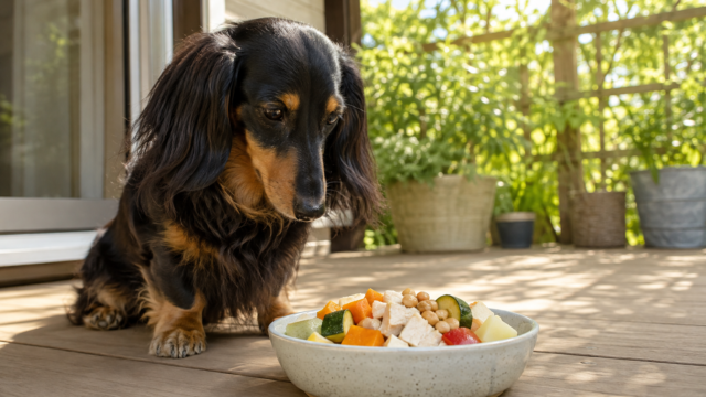 1階テラスの陽光の中、ささみ・納豆・大根・かぼちゃと夏野菜のごはんを見つめるブラックタン・ロングのミニチュアダックスフンド