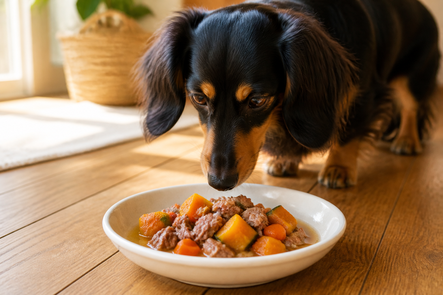 牛すね肉とかぼちゃ、人参をやわらかく煮込んだ犬用トッピングごはん